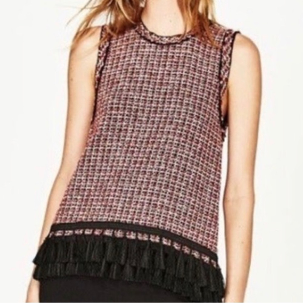 Red tweed tassel Zara top